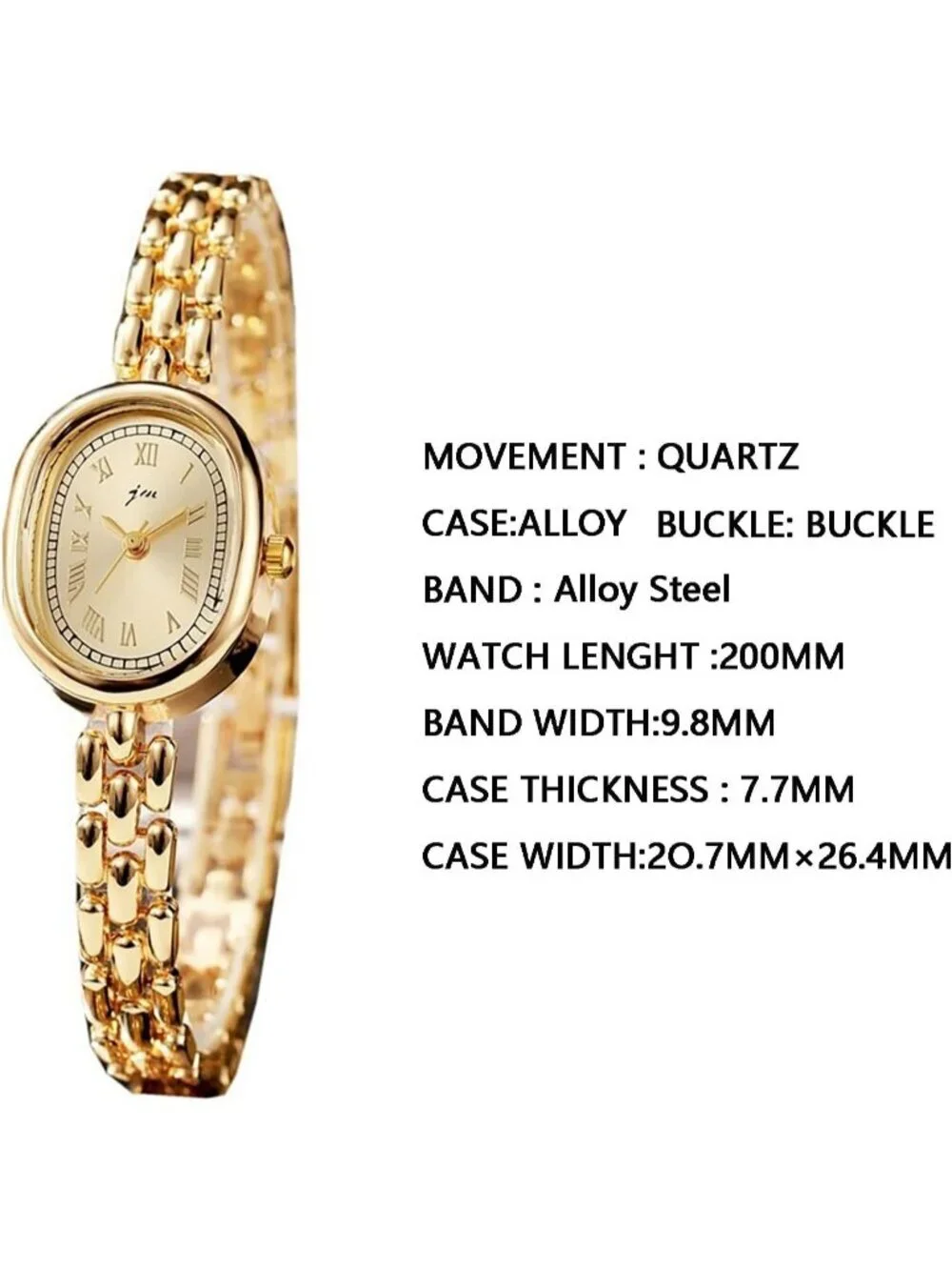 Women's Gold White Metal Link Band Bracelet Numeral Elegant Oval Analog Watch